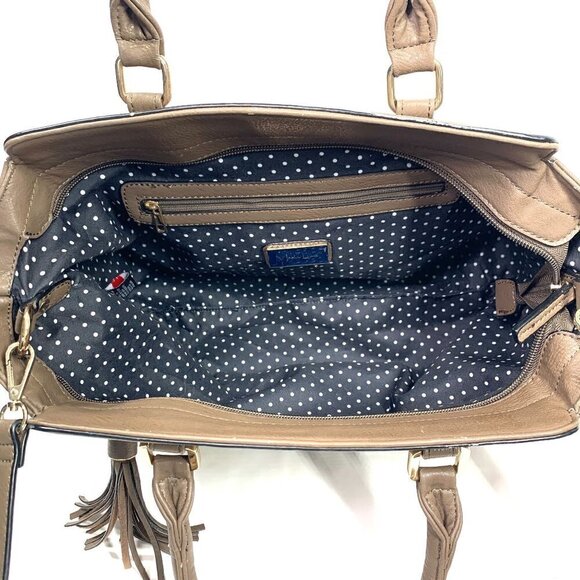 MODA LUXE Faux Leather Satchel with Tassel Brown/Gold Polka Dot Lining - Picture 10 of 12